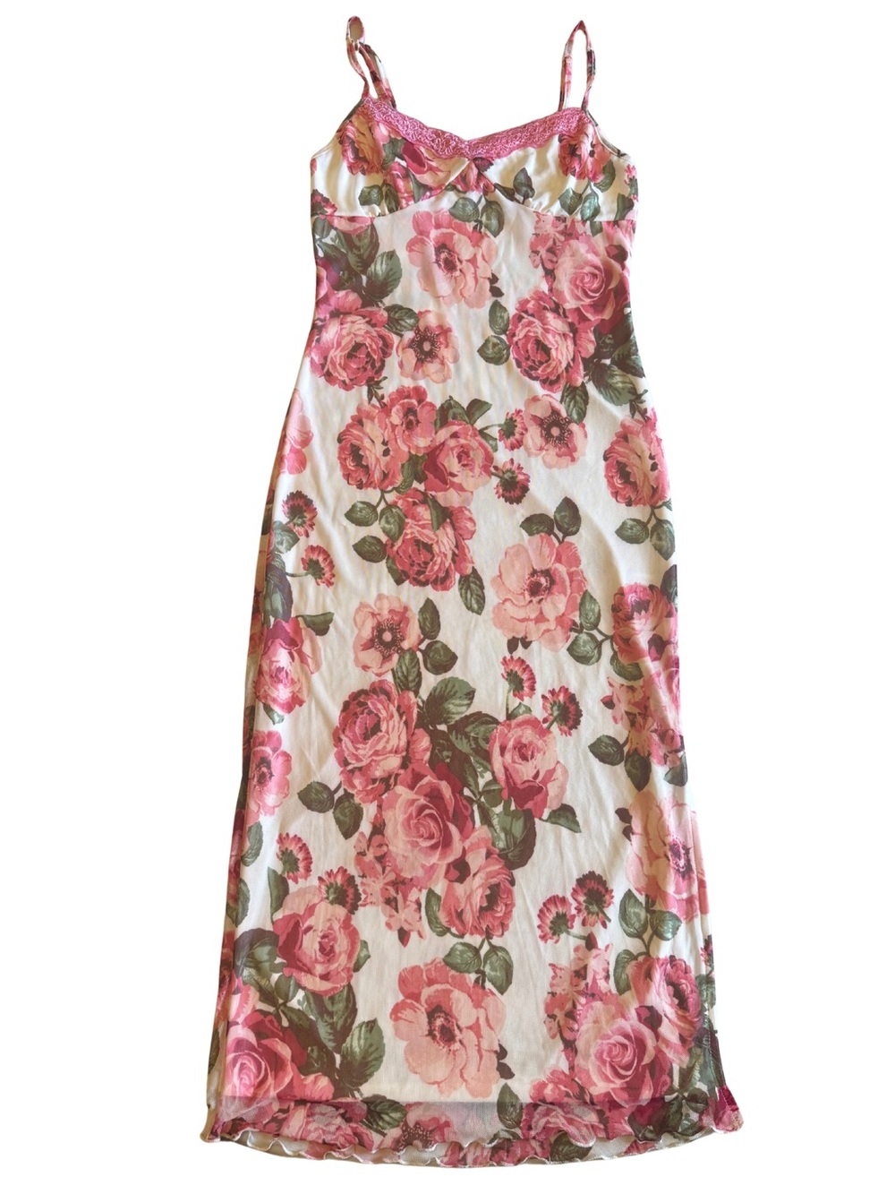 THIRTY/THIRTY LA Pink Floral Midi Dress Mesh Overlay Lace Trim Sz S Y2K Coquette